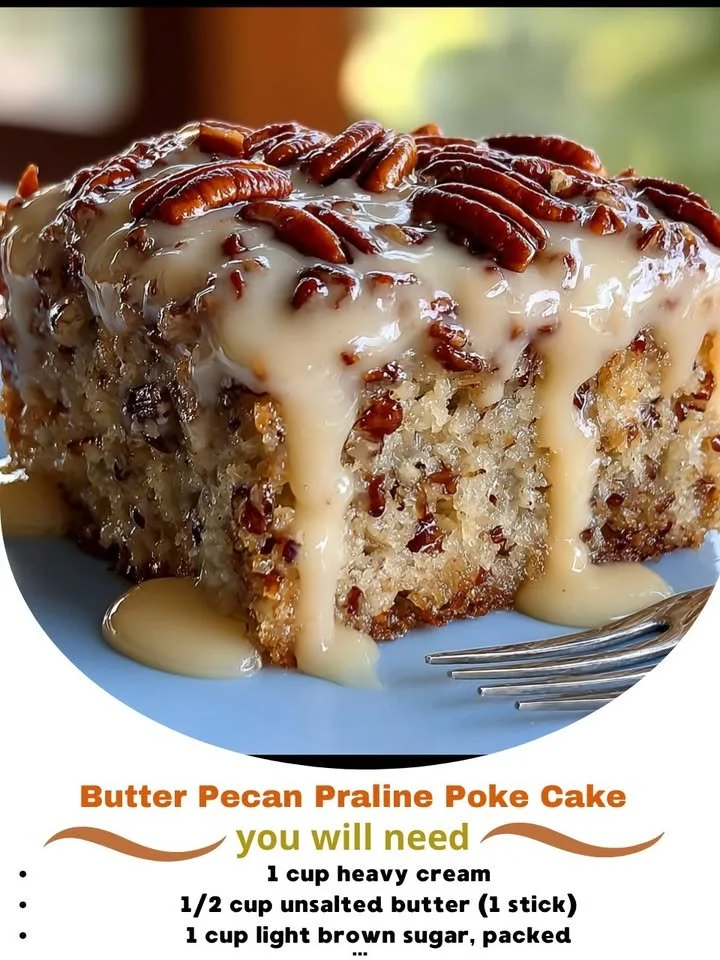 Delicious Butter Pecan Praline Poke Cake topped with pecans and caramel sauce.