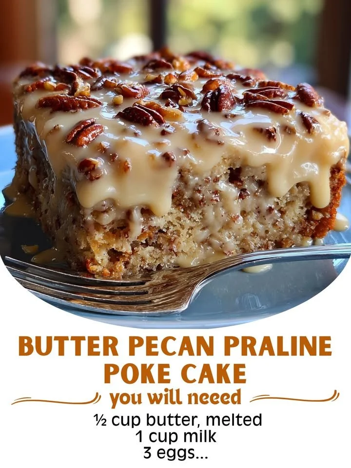 Delicious Butter Pecan Poke Cake topped with praline sauce and pecans