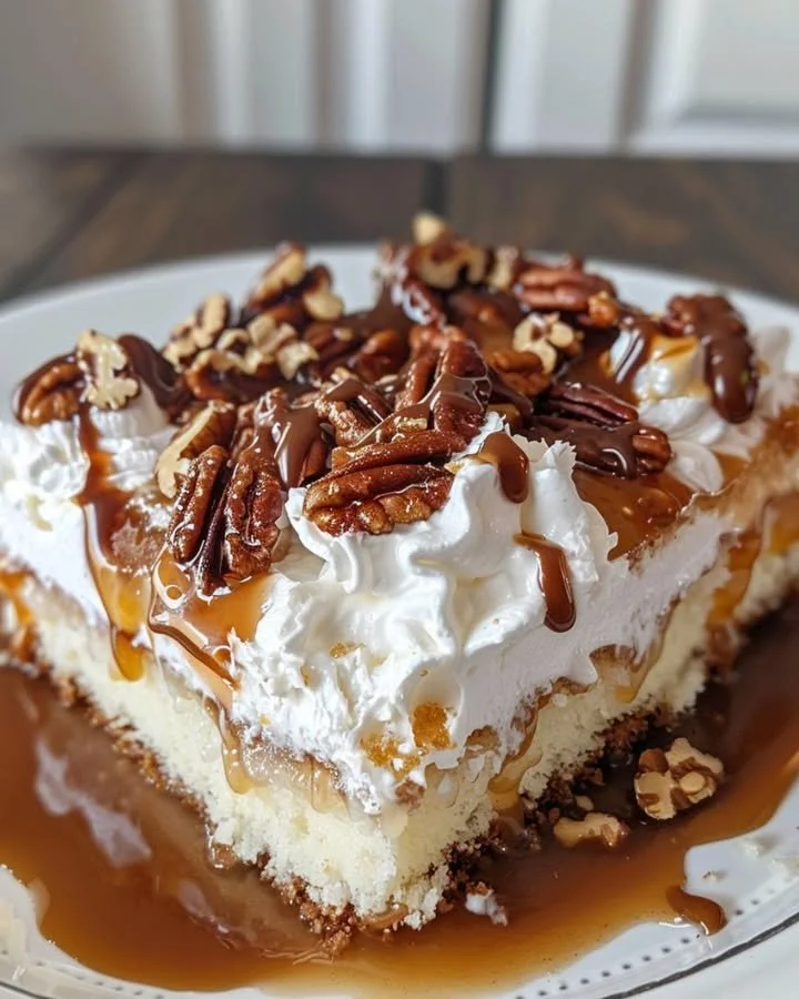 Delicious Butter Pecan Praline Poke Cake with nuts and praline topping