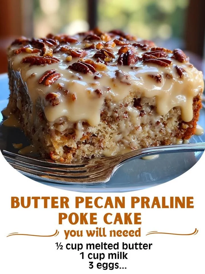 Delicious Butter Pecan Praline Poke Cake with pecans and caramel topping