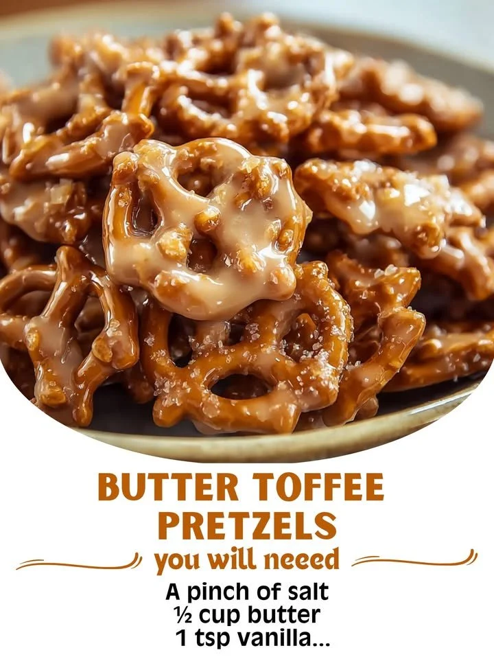 Delicious butter toffee pretzels drizzled with caramel and sprinkled with nuts.