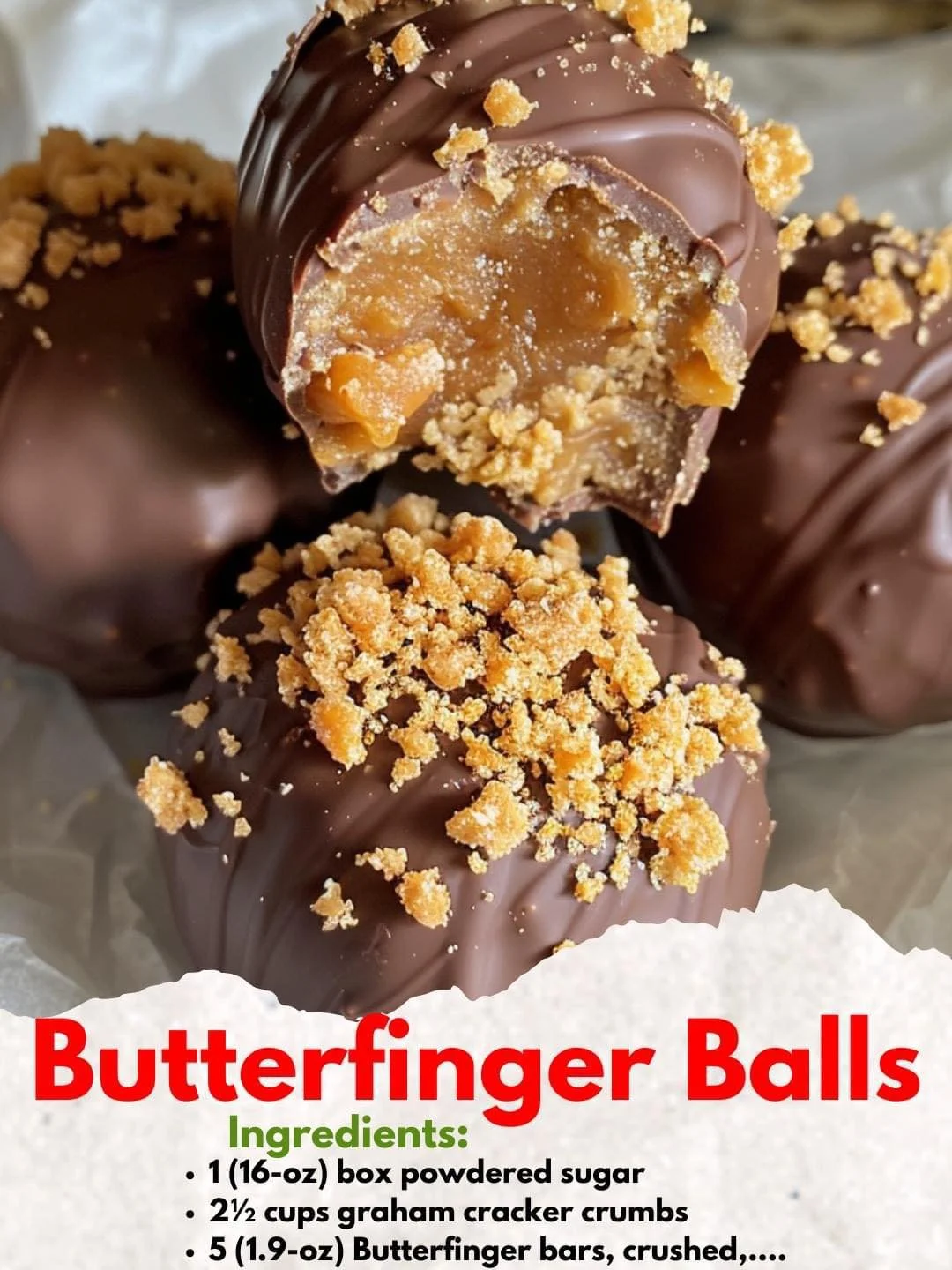 Homemade Butterfinger Balls dessert with chocolate coating and crunchy filling.