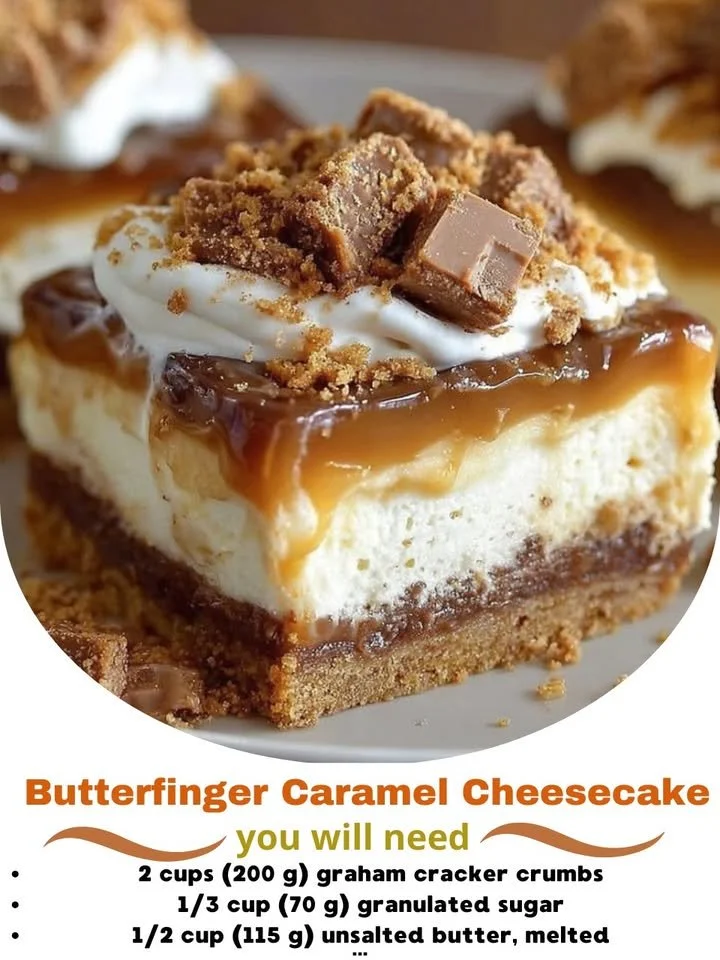 Delicious Butterfinger Caramel Cheesecake topped with caramel drizzles and chocolate.