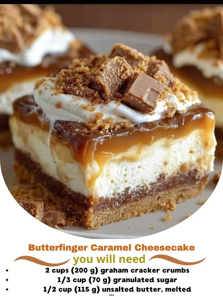 Butterfinger caramel cheesecake slice with chocolate drizzle and toppings