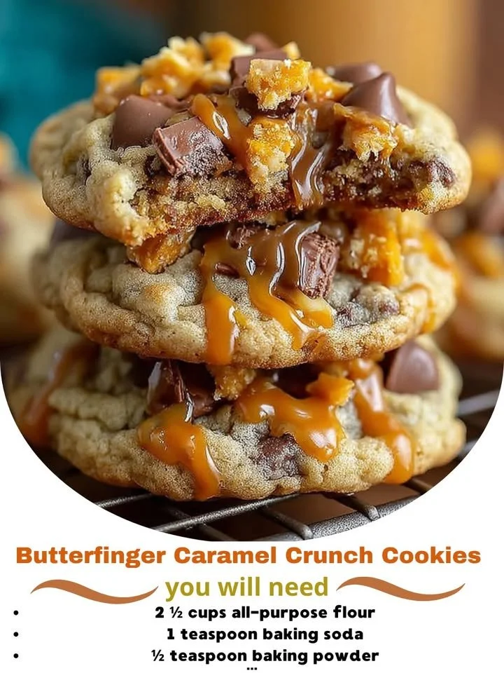 Delicious Butterfinger Caramel Crunch Cookies topped with chocolate and caramel.