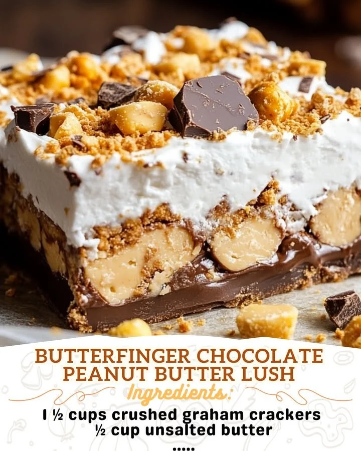 Delicious Butterfinger Chocolate Peanut Butter Lush dessert layered with rich flavors