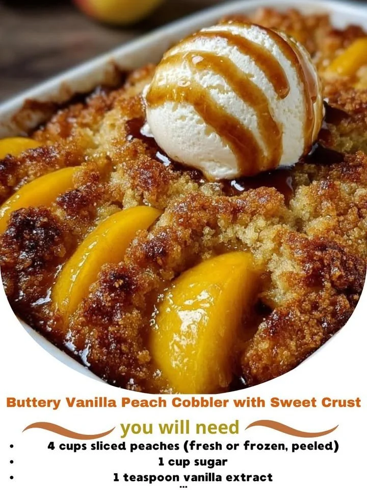 Buttery vanilla peach cobbler with a golden sweet crust and fresh peaches.