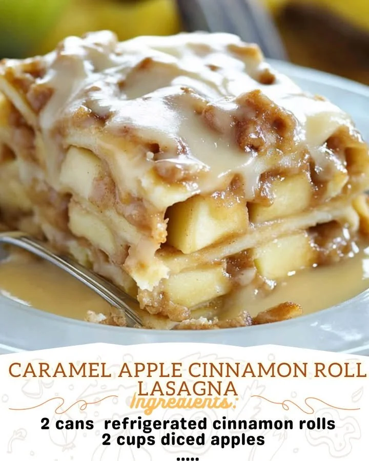 Deliciously layered caramel apple cinnamon roll lasagna with creamy frosting