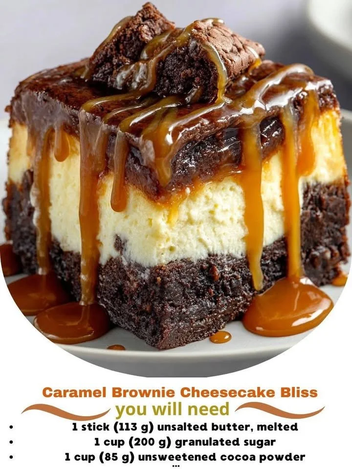 Delicious caramel brownie cheesecake slice topped with caramel drizzle