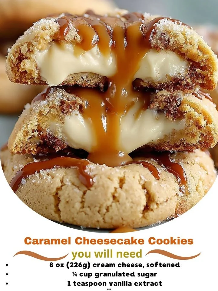Delicious caramel cheesecake cookies with a creamy filling and caramel drizzle