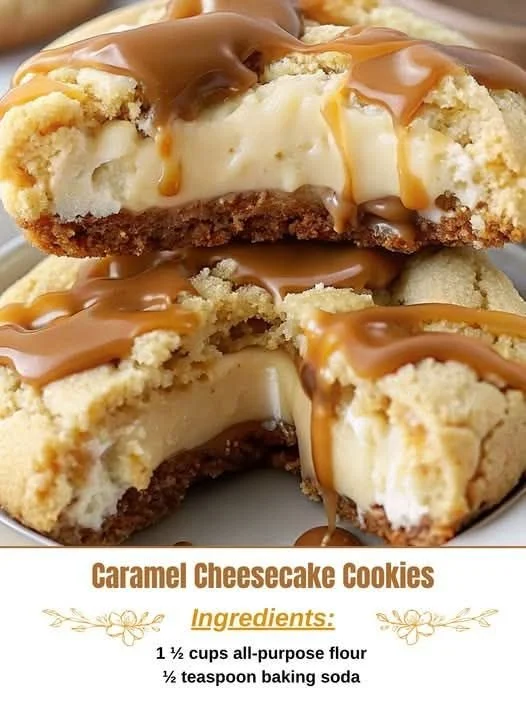 Delicious Caramel Cheesecake Cookies drizzled with caramel sauce