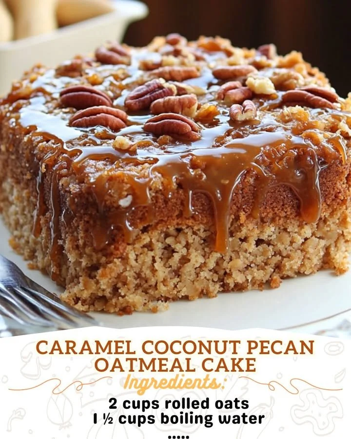 Delicious Caramel Coconut Pecan Oatmeal Cake topped with caramel and coconut flakes.