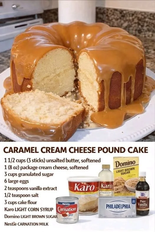 Delicious caramel cream cheese pound cake with rich caramel glaze and cream cheese