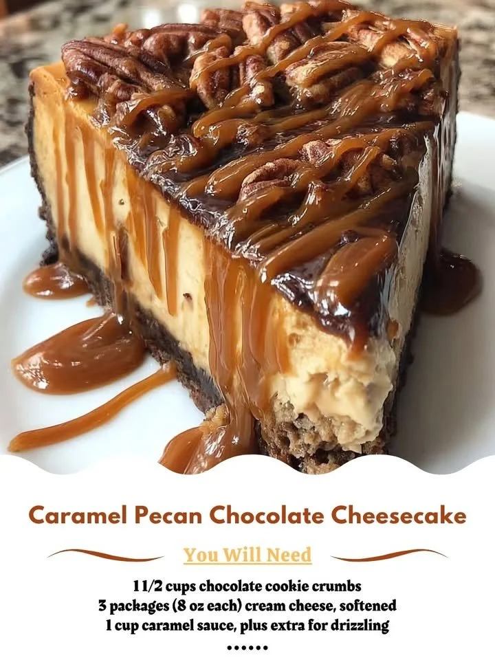 Caramel pecan chocolate cheesecake served on a plate with drizzled caramel