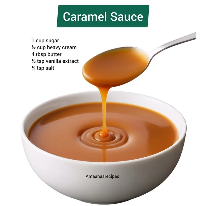 Delicious homemade caramel sauce in a glass jar with a drizzle on dessert