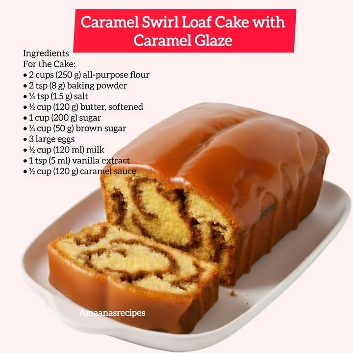 Caramel Swirl Loaf Cake topped with a luscious caramel glaze