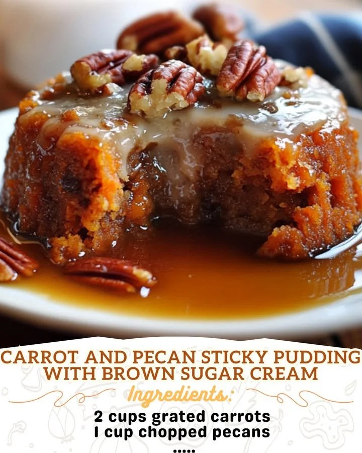 Carrot and Pecan Sticky Pudding with Brown Sugar Cream served on a plate