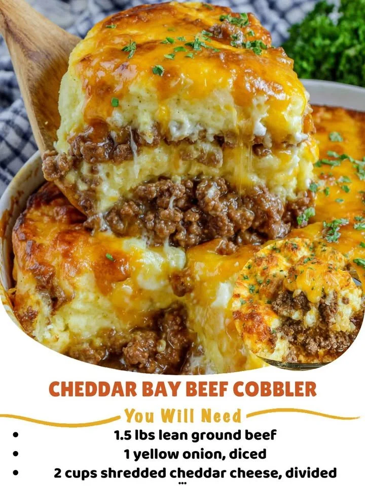 Delicious Cheddar Bay Beef Cobbler served in a rustic dish