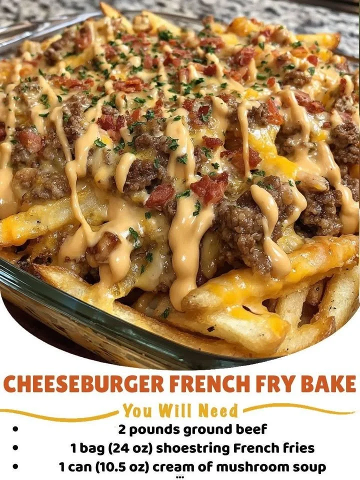 Delicious Cheeseburger French Fry Bake topped with cheese and crispy fries