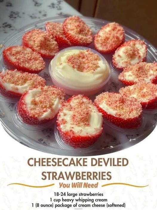 Cheesecake deviled strawberries topped with creamy cheesecake filling