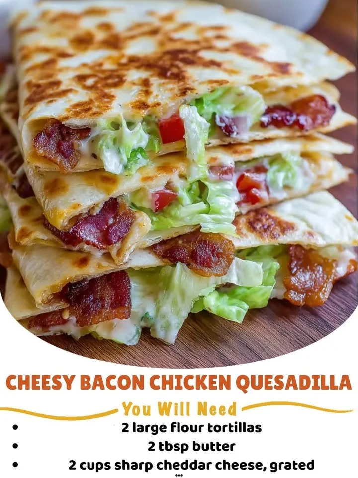 Cheesy Bacon Chicken Quesadilla served with dipping sauce on a plate