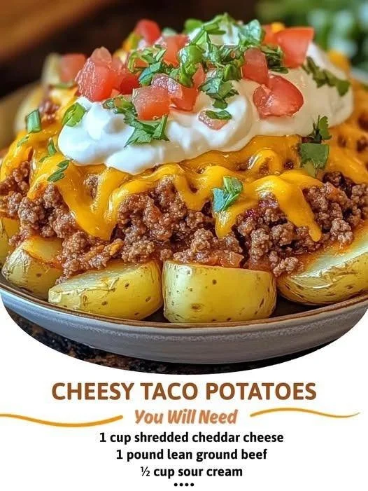 Cheesy taco potatoes served on a plate, topped with cheese and fresh toppings.