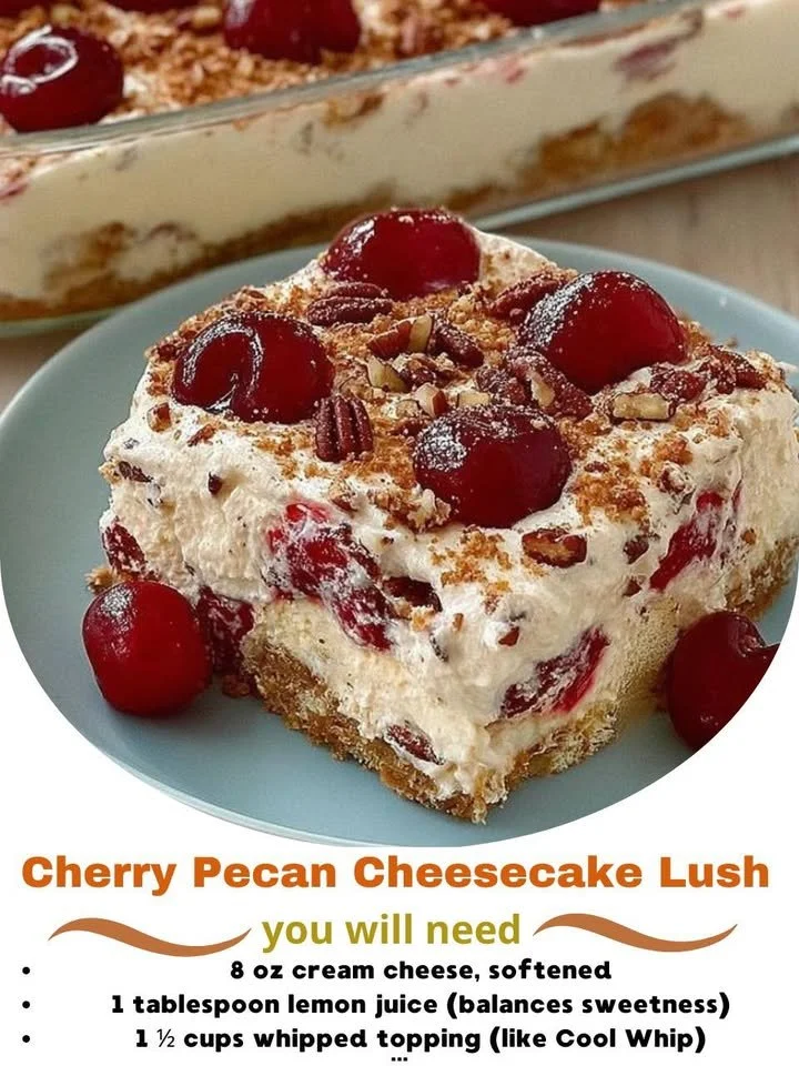 Slice of Cherry Pecan Cheesecake Lush topped with cherries and pecans