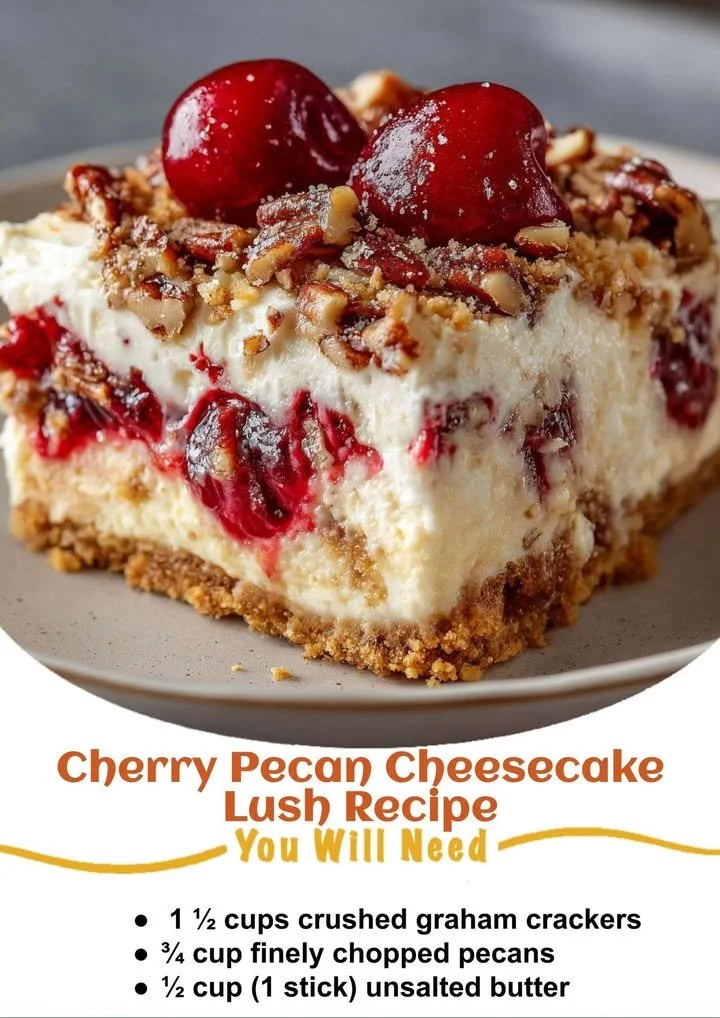 Delicious Cherry Pecan Cheesecake Lush topped with cherries and pecans.