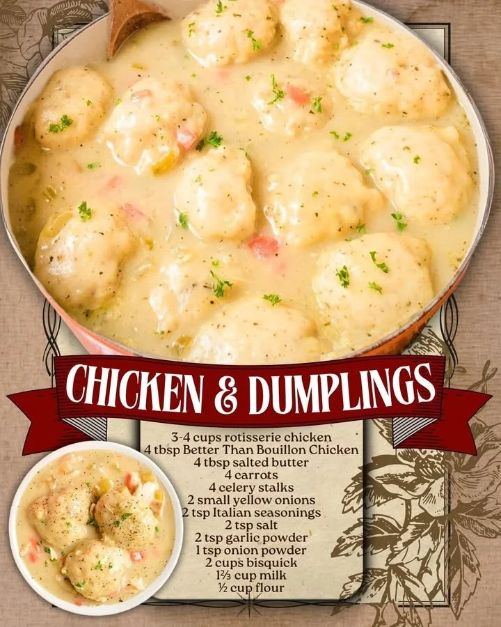 Delicious bowl of chicken and dumplings served with herbs and spices.
