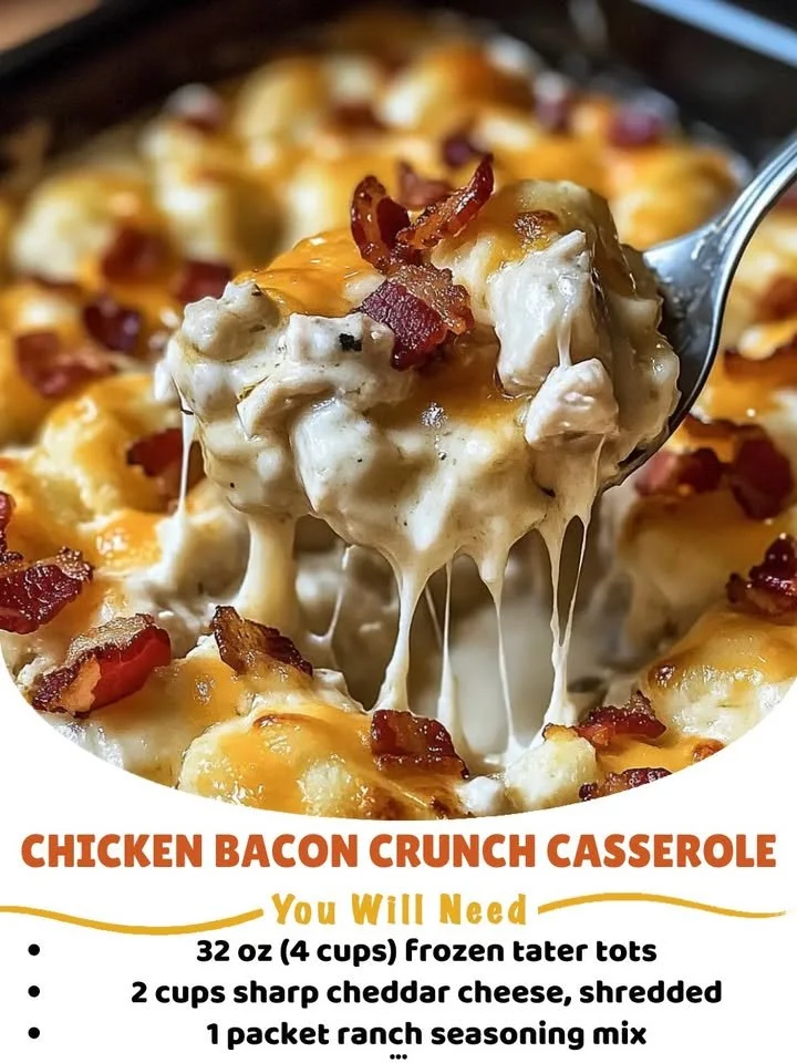 Delicious Chicken Bacon Crunch Casserole with bacon and crispy topping