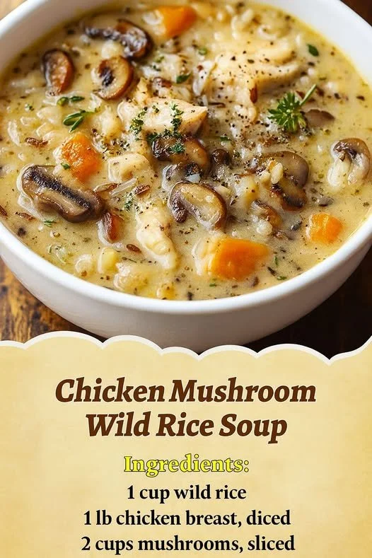 Bowl of chicken mushroom wild rice soup with fresh herbs and a side of crusty bread.
