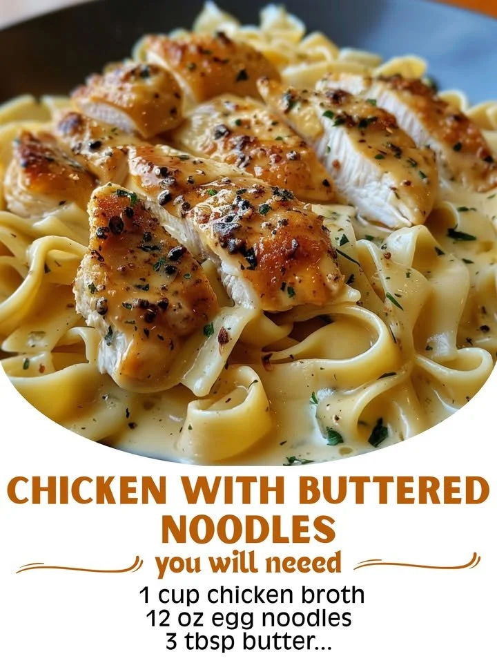 A plate of chicken served with buttered noodles garnished with herbs.