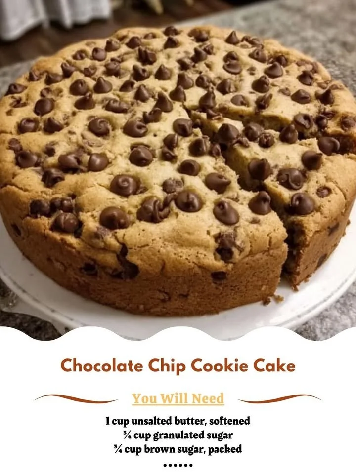 Delicious Chocolate Chip Cookie Cake with gooey chocolate chips and golden edges