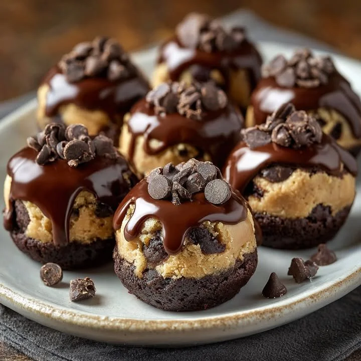 Delicious chocolate chip cookie dough brownie bites on a plate