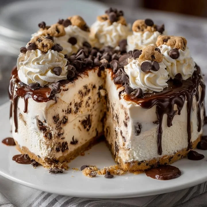Chocolate chip cookie dough ice cream cake with creamy layers and cookie bits