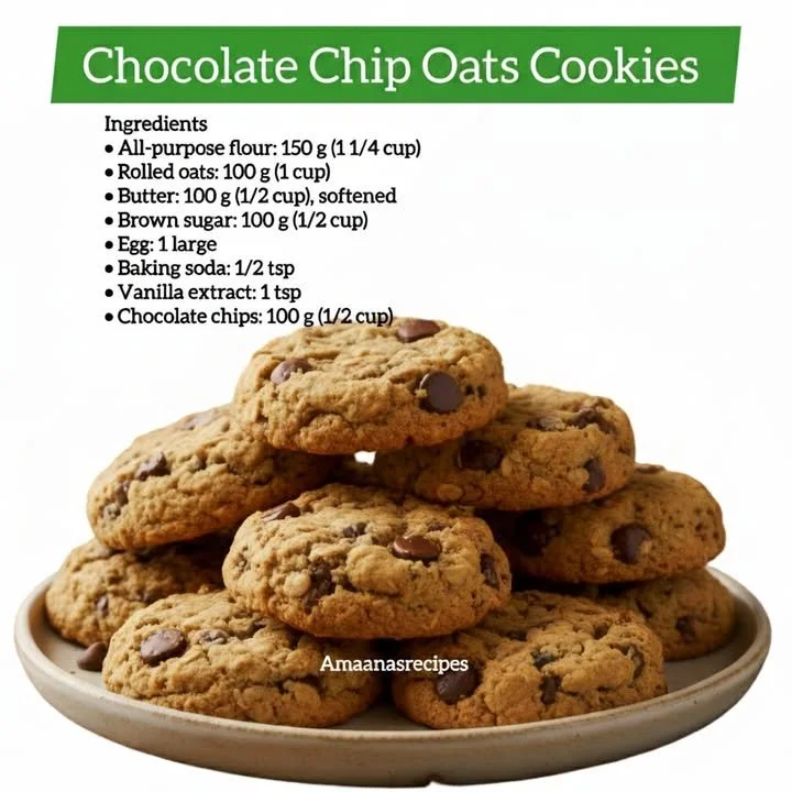 Freshly baked chocolate chip oat cookies cooling on a wire rack.