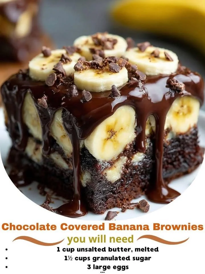 Delicious chocolate covered banana brownies served on a plate