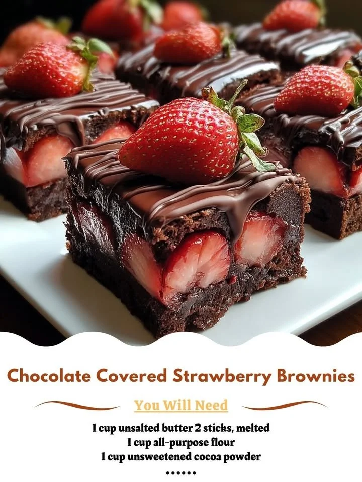 Delicious chocolate covered strawberry brownies on a plate