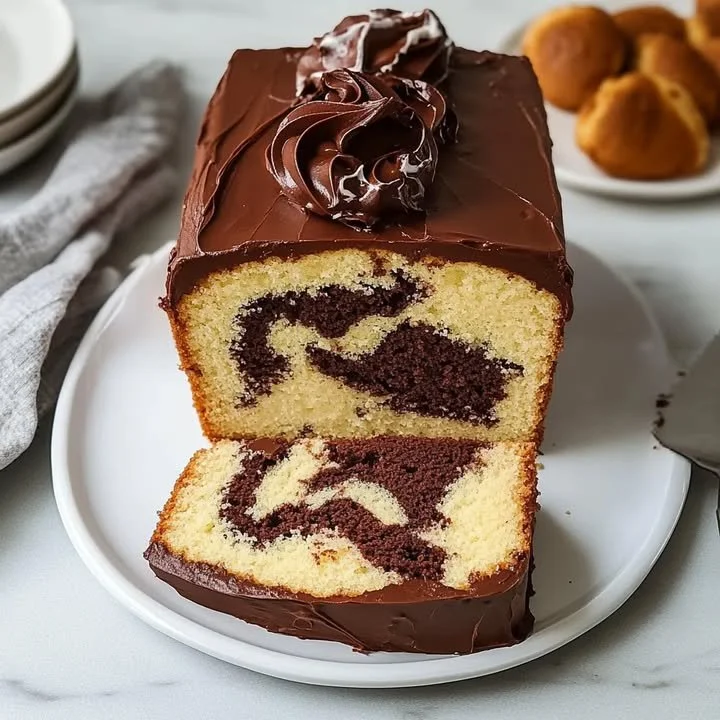 Loaf of Chocolate Marble Bread with rich chocolate swirls