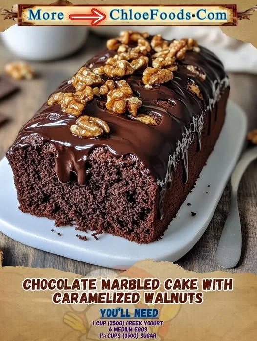 Chocolate marbled cake with caramelized walnuts on top, showcasing rich textures.