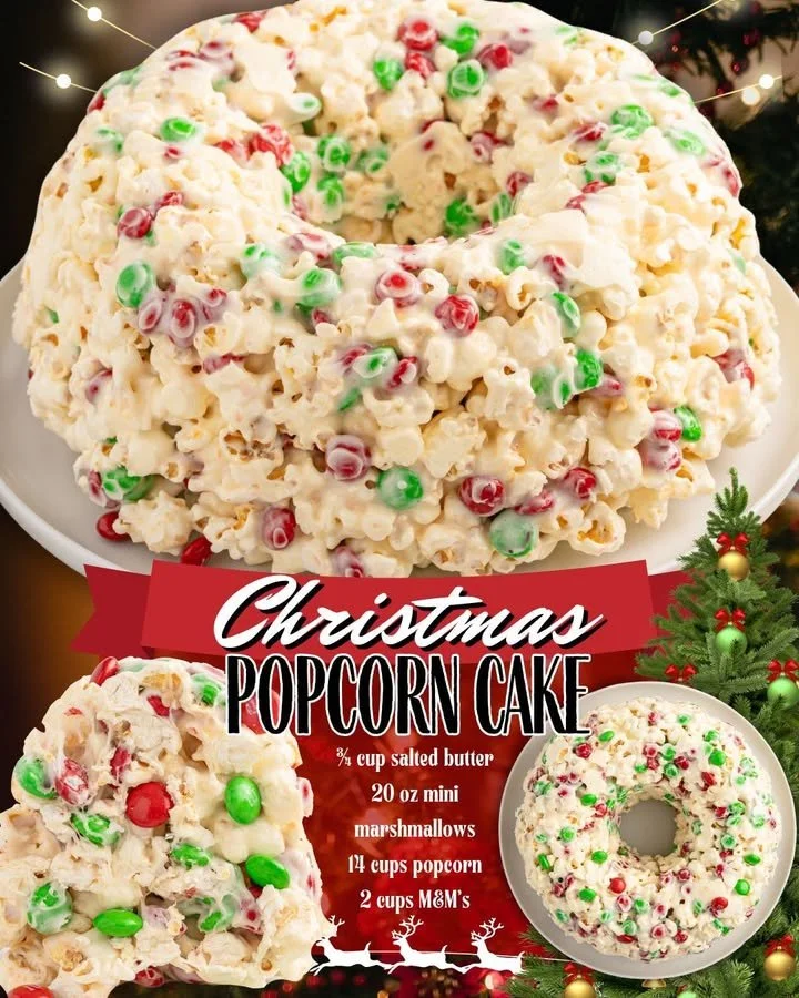 Delicious Christmas Popcorn Cake decorated with holiday treats