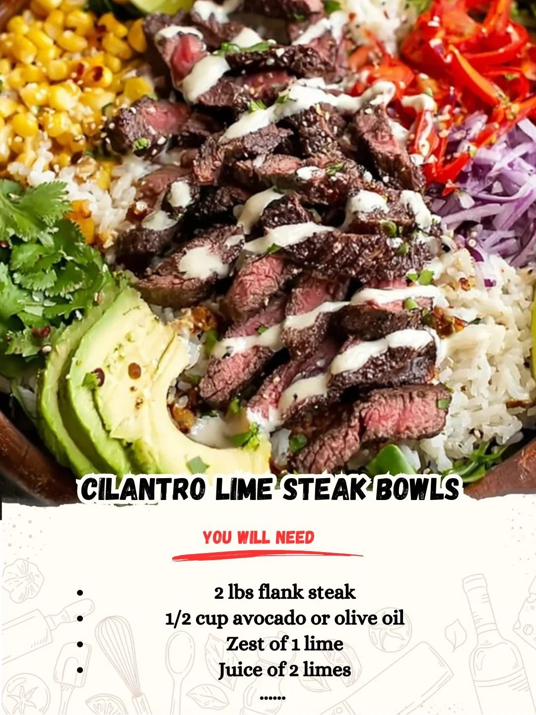 Cilantro lime steak bowl with fresh ingredients and vibrant colors.