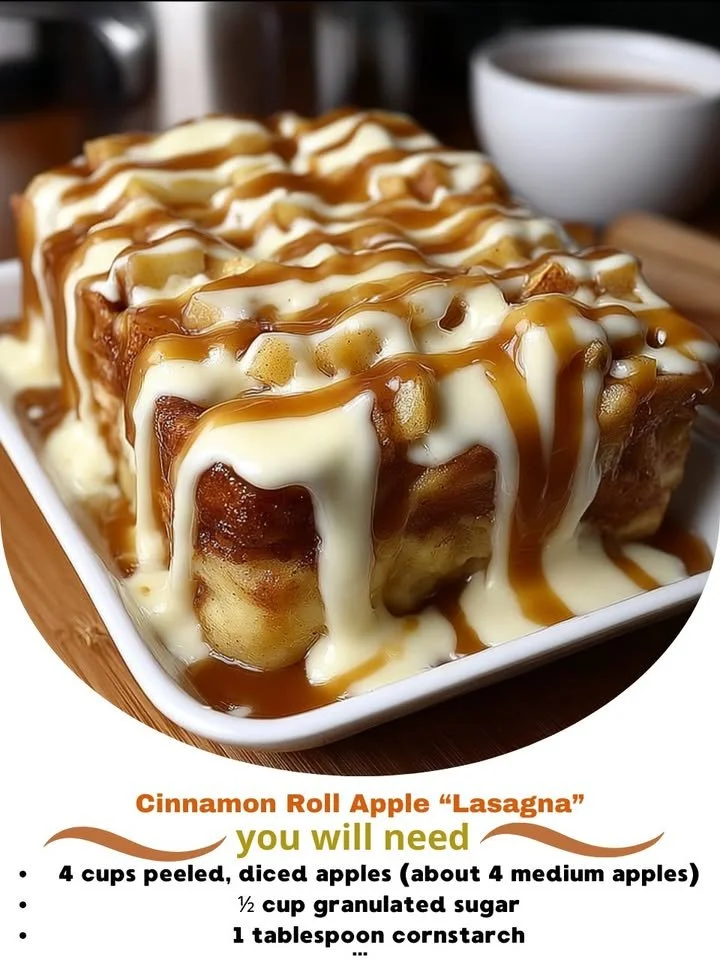 Delicious Cinnamon Roll Apple Lasagna topped with cream and fresh apples
