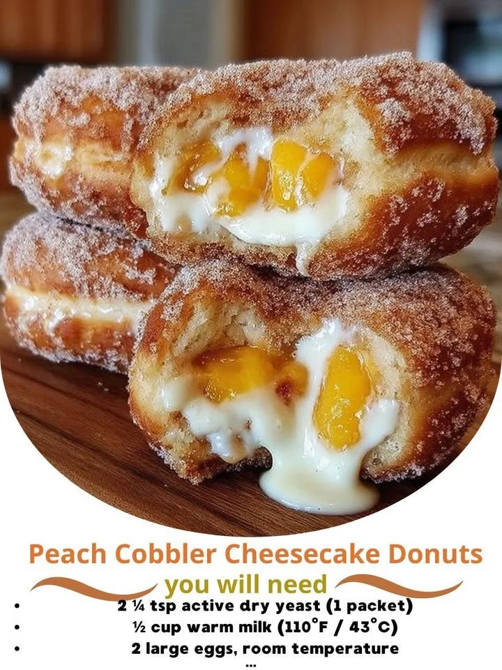 Delicious peach cobbler cheesecake donuts topped with sweet peach slices.