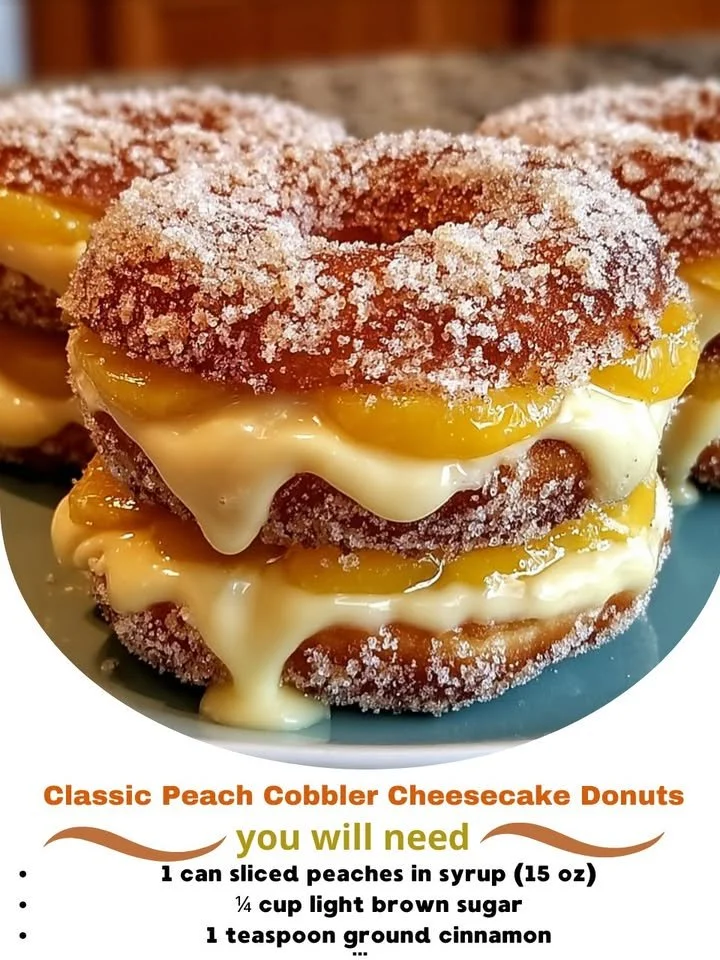 Classic Peach Cobbler Cheesecake Donuts with luscious peach filling