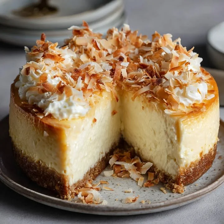 Deliciously creamy Coconut Cheesecake topped with fresh coconut flakes