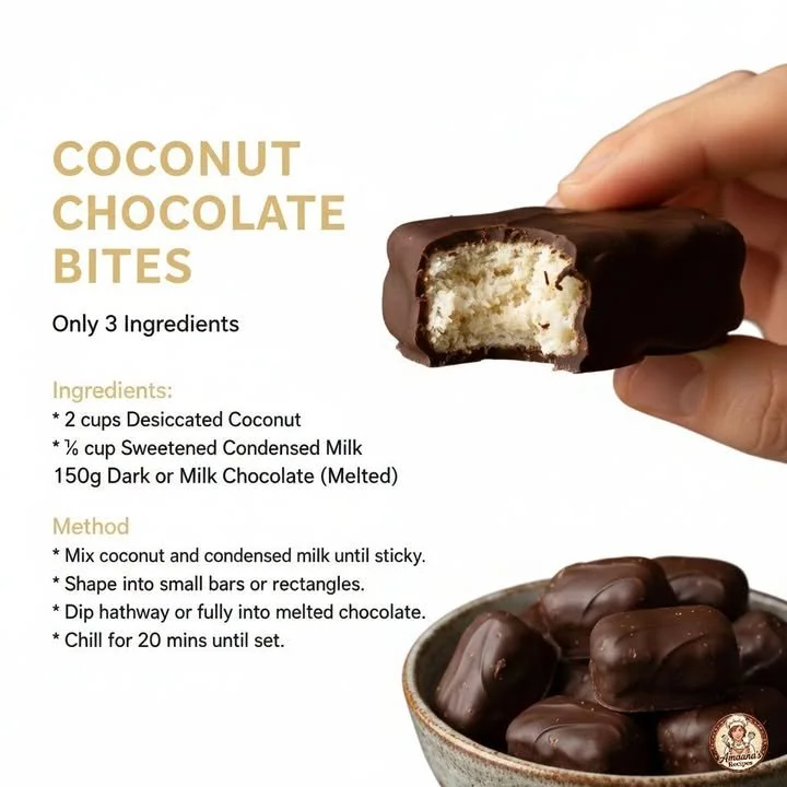 Decadent coconut choco bites with rich chocolate coating and coconut flakes