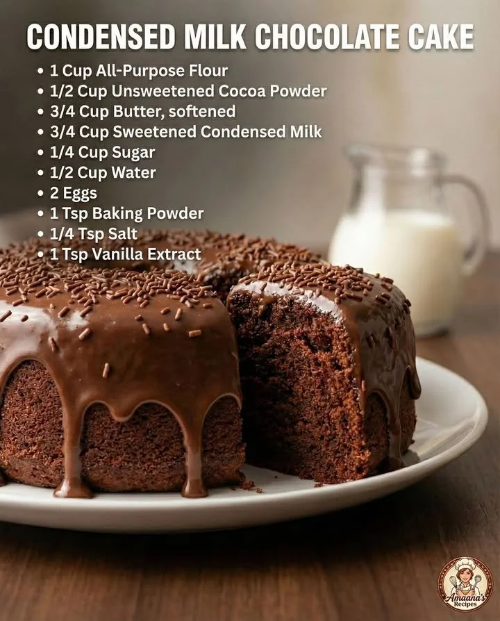 Delicious Condensed Milk Chocolate Cake on a wooden table