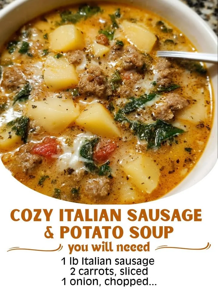 Cozy Italian sausage and potato soup in a bowl, garnished with herbs.