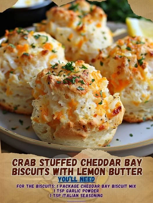 Delicious crab stuffed cheddar bay biscuits garnished with lemon butter